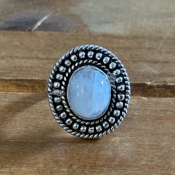Vintage Jewelry - Vintage Style Genuine Rainbow Moonstone Ring Size 5.5 Silver 925 Plated Boho
